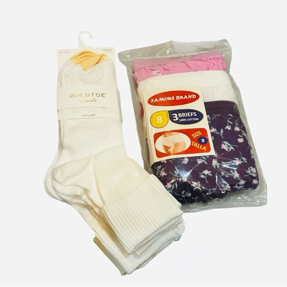 Women’s Underwear & Socks Bundle Size 8 Cotton Briefs + White Crew Socks 3 Pair